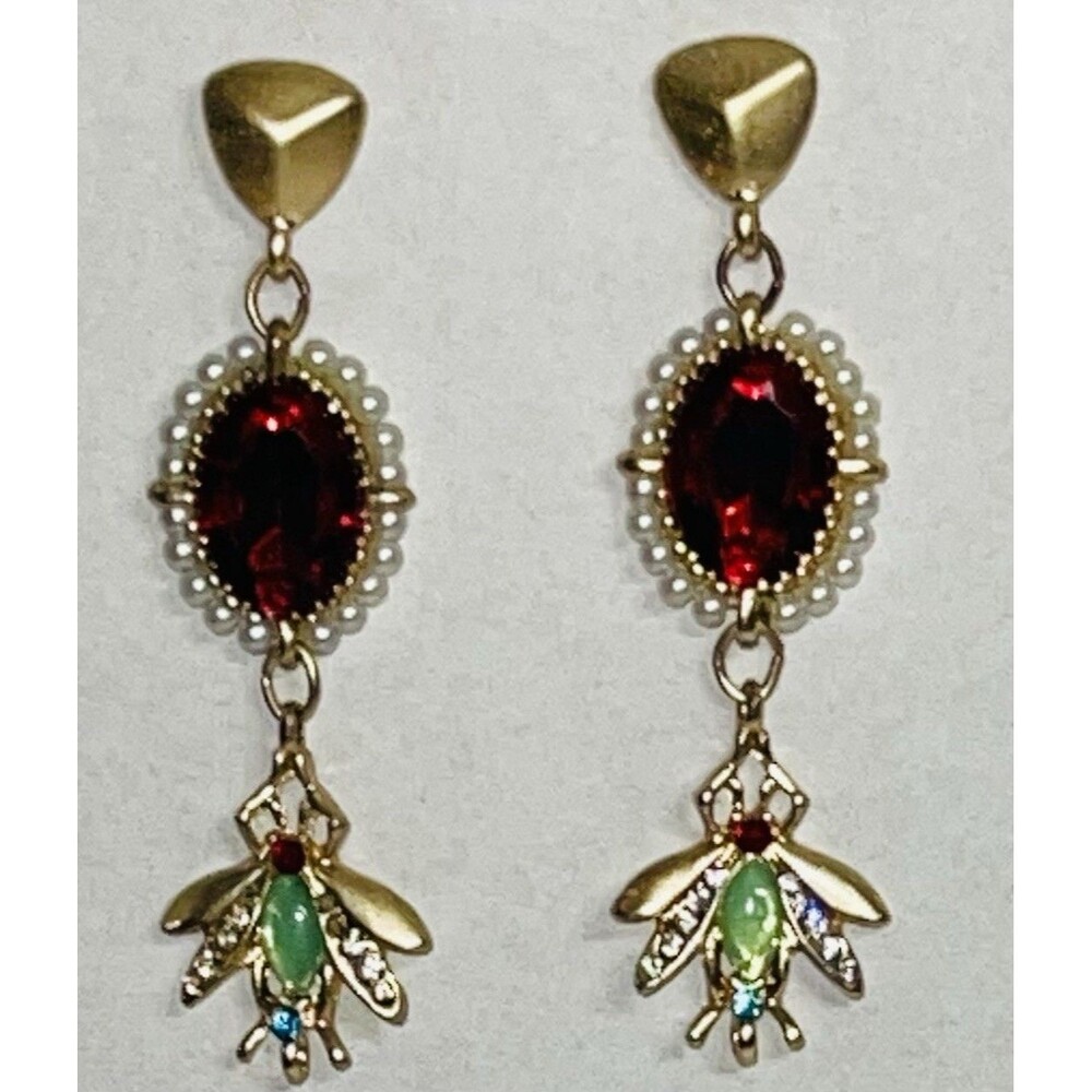 Vintage Inspired Red Rhinestone Bee Dangle Earrings Gold Tone Faux Pearl Drop